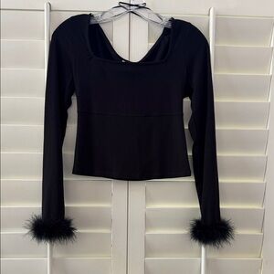 love, Fire Black Long Sleeve Top with Feather Cuffs